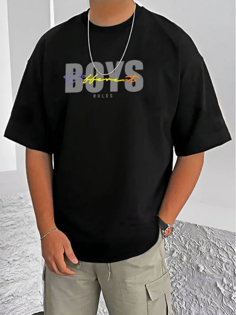 Generic Men's Casual Cotton Blend Printed Round Neck Half Sleeve T-Shirt (Black)