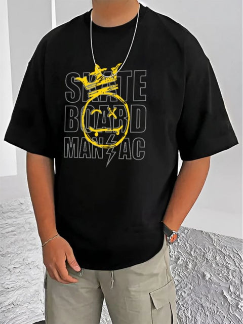 Generic Men's Casual Cotton Blend Printed Round Neck Half Sleeve T-Shirt (Black)