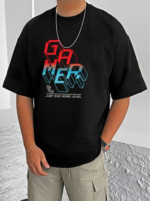 Generic Men's Casual Cotton Blend Printed Round Neck Half Sleeve T-Shirt (Black)