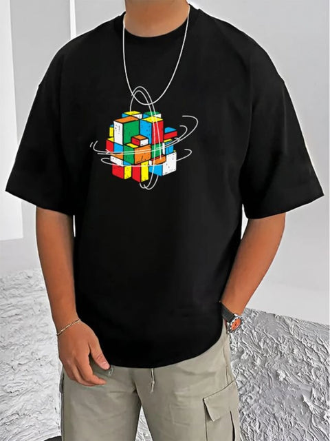 Generic Men's Casual Cotton Blend Printed Round Neck Half Sleeve T-Shirt (Black)