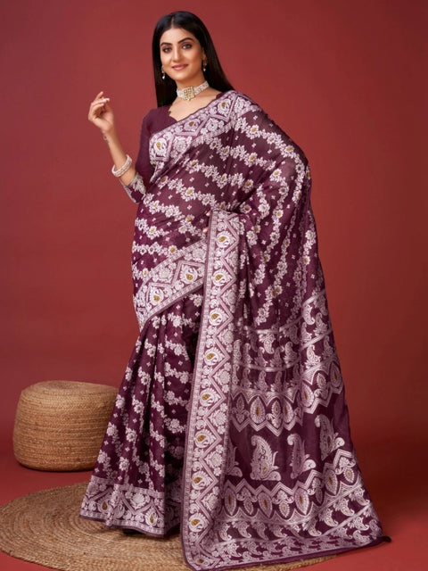 Women's Cotton Silk Printed Saree With Unstitched Blouse 5.5Mtr (Purple)