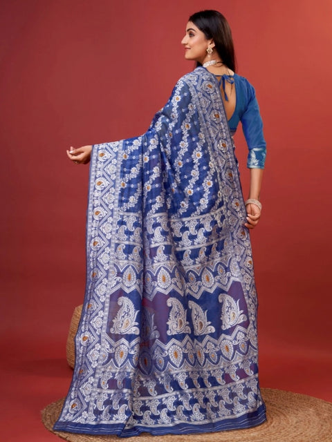 Women's Cotton Silk Printed Saree With Unstitched Blouse 5.5Mtr (Blue)