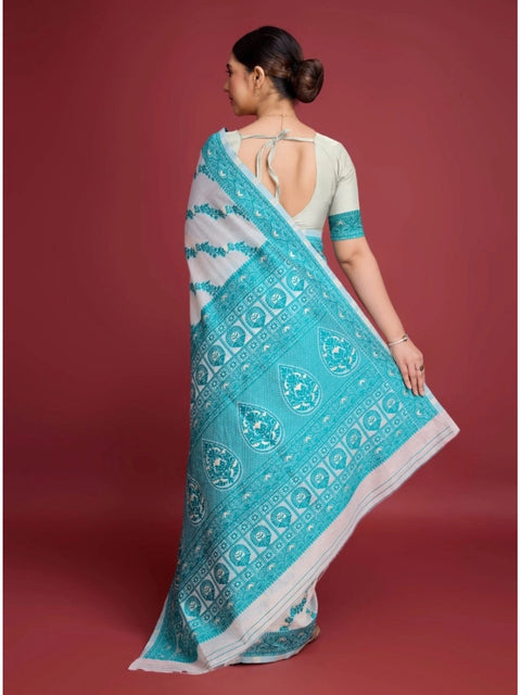 Women's Jamdani Cotton Silk Printed Saree With Unstitched Blouse 5.5Mtr (Rama)