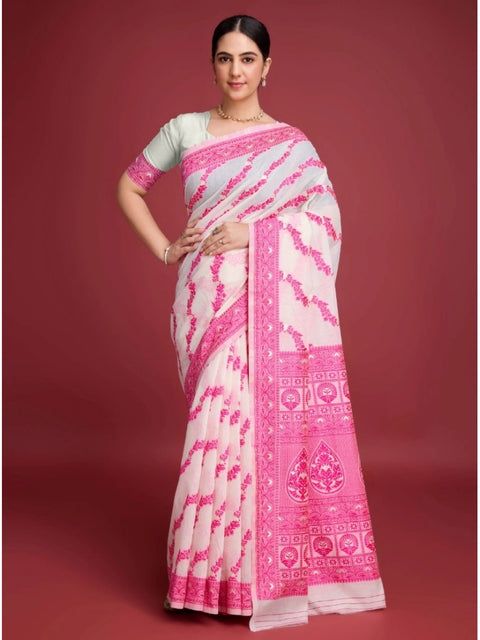 Women's Jamdani Cotton Silk Printed Saree With Unstitched Blouse 5.5Mtr (Pink)