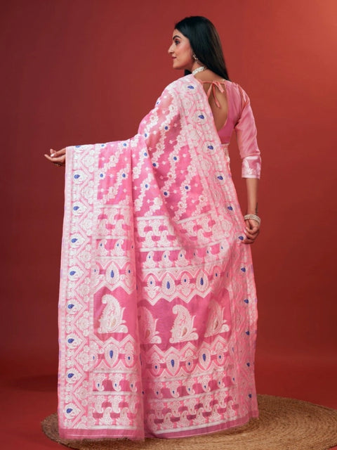 Women's Cotton Silk Printed Saree With Unstitched Blouse 5.5Mtr (Pink)
