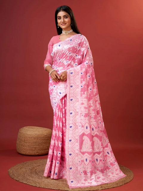 Women's Cotton Silk Printed Saree With Unstitched Blouse 5.5Mtr (Pink)