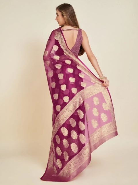 Women's Soft Organza Silk Weaving Design Saree With Unstitched Blouse 5.5Mtr (Wine)