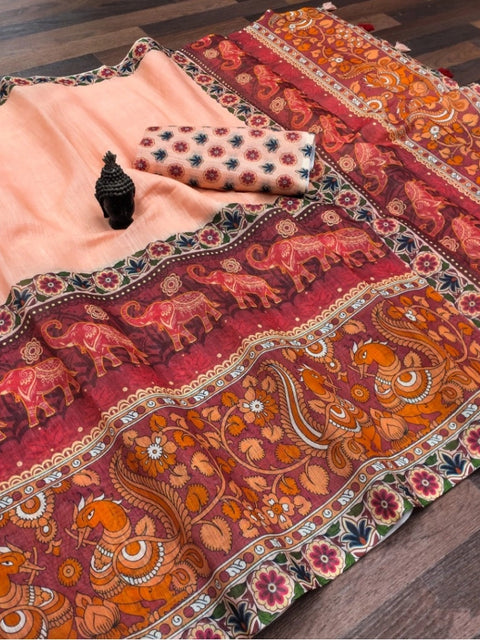 Women's linen Digital Print Saree With Unstitched Blouse 5.5Mtr (Peach)