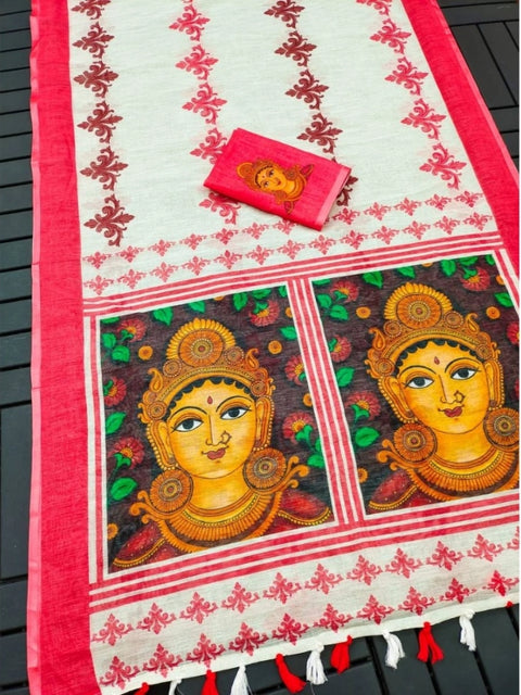 Women's linen Digital Print Saree With Unstitched Blouse 5.5Mtr (White)