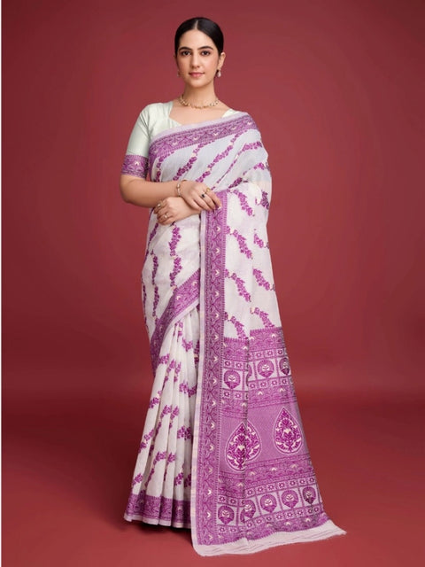 Women's Jamdani Cotton Silk Printed Saree With Unstitched Blouse 5.5Mtr (Wine)