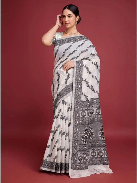 Women's Jamdani Cotton Silk Printed Saree With Unstitched Blouse 5.5Mtr (Black)