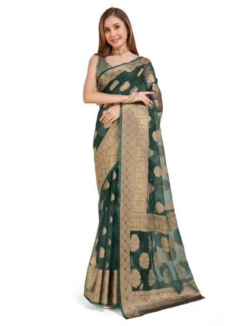 Women's Soft Organza Silk Weaving Design Saree With Unstitched Blouse 5.5Mtr (Green)
