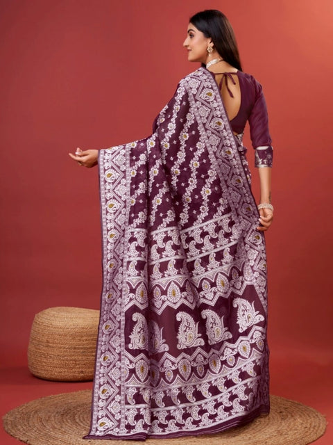 Women's Cotton Silk Printed Saree With Unstitched Blouse 5.5Mtr (Purple)
