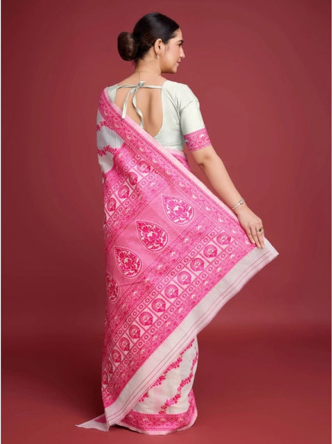 Women's Jamdani Cotton Silk Printed Saree With Unstitched Blouse 5.5Mtr (Pink)