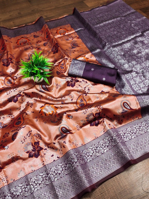 Women's Banarasi Jacquard Printed Saree With Unstitched Blouse 5.5Mtr (Orange)