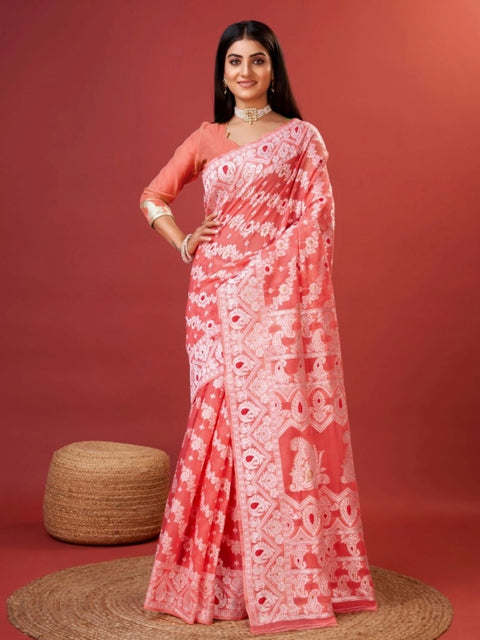 Women's Cotton Silk Printed Saree With Unstitched Blouse 5.5Mtr (Peach)