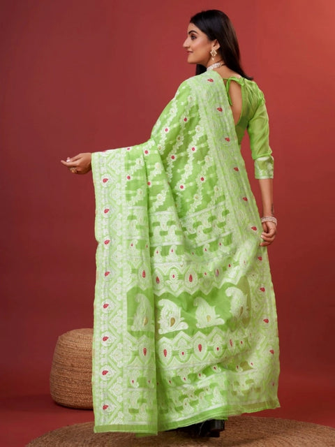 Women's Cotton Silk Printed Saree With Unstitched Blouse 5.5Mtr (Light Green)