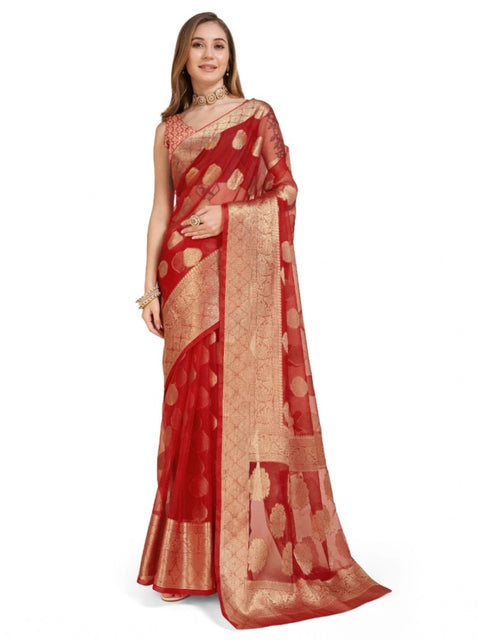 Women's Soft Organza Silk Weaving Design Saree With Unstitched Blouse 5.5Mtr (Red)