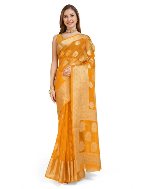 Women's Soft Organza Silk Weaving Design Saree With Unstitched Blouse 5.5Mtr (Yellow)