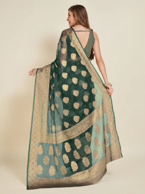 Women's Soft Organza Silk Weaving Design Saree With Unstitched Blouse 5.5Mtr (Green)