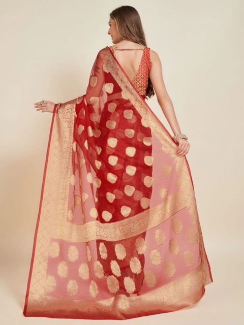 Women's Soft Organza Silk Weaving Design Saree With Unstitched Blouse 5.5Mtr (Red)