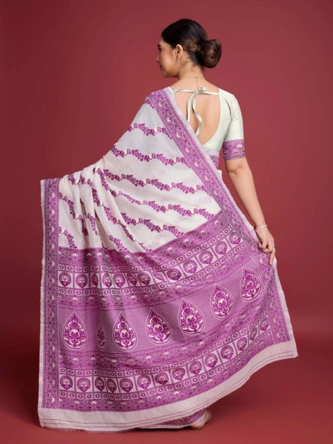 Women's Jamdani Cotton Silk Printed Saree With Unstitched Blouse 5.5Mtr (Wine)