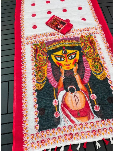 Women's linen Digital Print Saree With Unstitched Blouse 5.5Mtr (White)