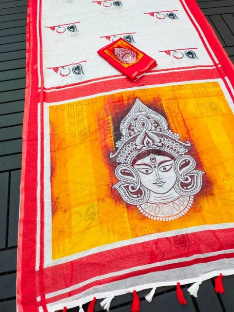 Women's linen Digital Print Saree With Unstitched Blouse 5.5Mtr (White)
