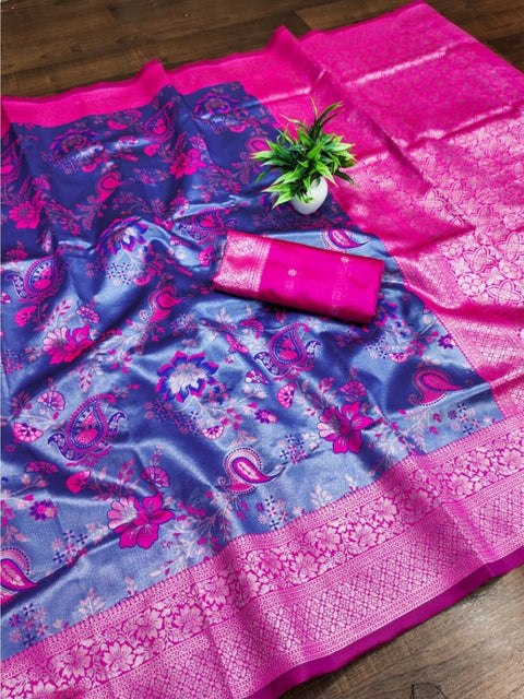 Women's Banarasi Jacquard Printed Saree With Unstitched Blouse 5.5Mtr (Navy Blue)