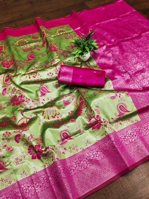 Women's Banarasi Jacquard Printed Saree With Unstitched Blouse 5.5Mtr (Mehendi Green)