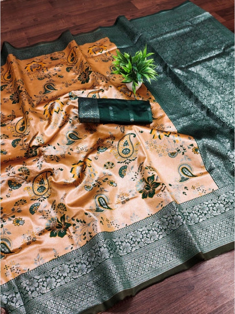 Women's Banarasi Jacquard Printed Saree With Unstitched Blouse 5.5Mtr (Orange)