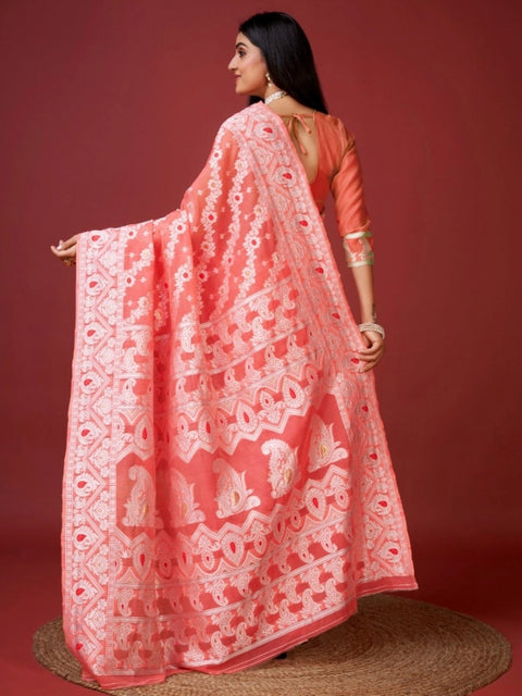 Women's Cotton Silk Printed Saree With Unstitched Blouse 5.5Mtr (Peach)