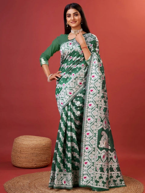 Women's Cotton Silk Printed Saree With Unstitched Blouse 5.5Mtr (Green)