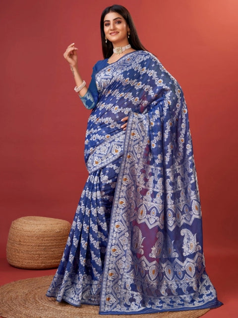 Women's Cotton Silk Printed Saree With Unstitched Blouse 5.5Mtr (Blue)