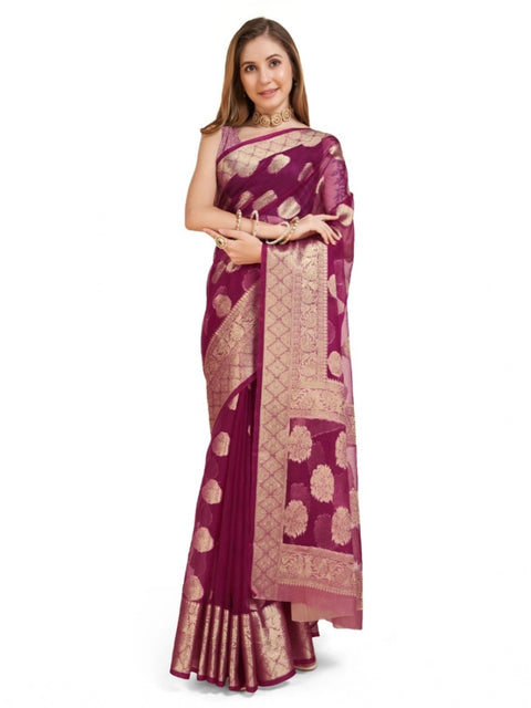 Women's Soft Organza Silk Weaving Design Saree With Unstitched Blouse 5.5Mtr (Wine)