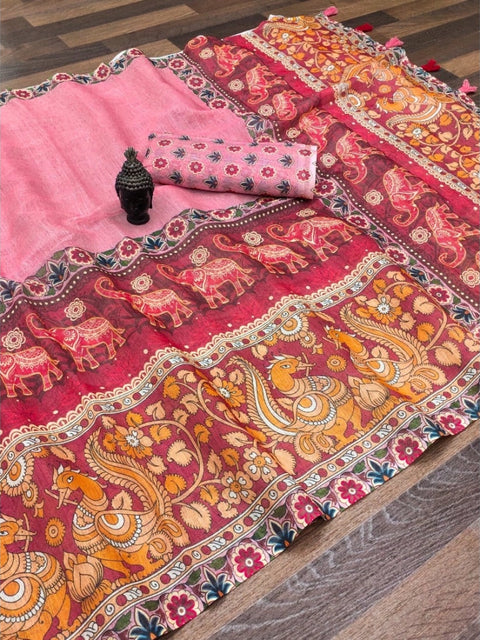 Women's linen Digital Print Saree With Unstitched Blouse 5.5Mtr (Pink)