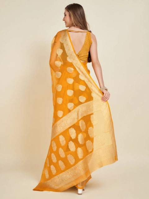 Women's Soft Organza Silk Weaving Design Saree With Unstitched Blouse 5.5Mtr (Yellow)