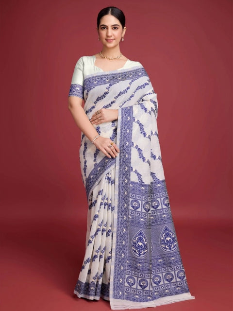 Women's Jamdani Cotton Silk Printed Saree With Unstitched Blouse 5.5Mtr (Navy Blue)