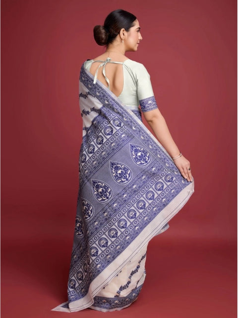 Women's Jamdani Cotton Silk Printed Saree With Unstitched Blouse 5.5Mtr (Navy Blue)