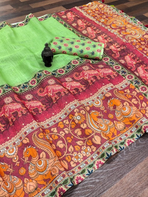 Women's linen Digital Print Saree With Unstitched Blouse 5.5Mtr (Light Green)