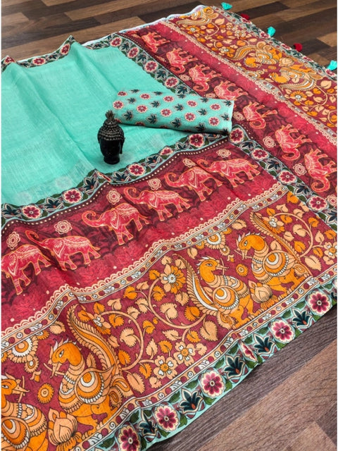 Women's linen Digital Print Saree With Unstitched Blouse 5.5Mtr (Turquoise)