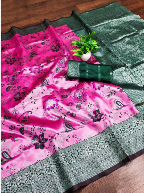 Women's Banarasi Jacquard Printed Saree With Unstitched Blouse 5.5Mtr (DPink)