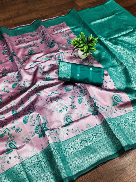 Women's Banarasi Jacquard Printed Saree With Unstitched Blouse 5.5Mtr (Pink)