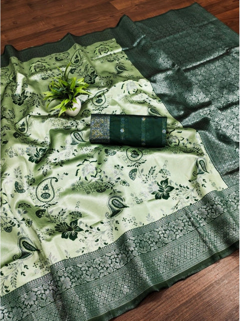 Women's Banarasi Jacquard Printed Saree With Unstitched Blouse 5.5Mtr (Green)