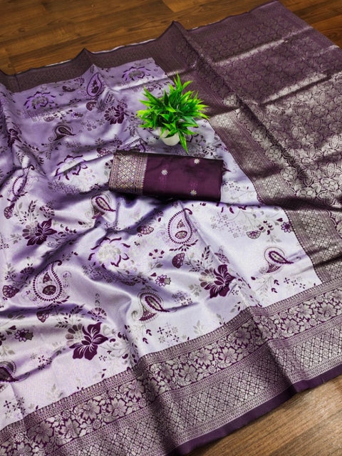 Women's Banarasi Jacquard Printed Saree With Unstitched Blouse 5.5Mtr (Purple)