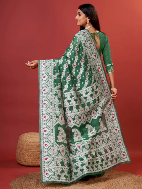 Women's Cotton Silk Printed Saree With Unstitched Blouse 5.5Mtr (Green)