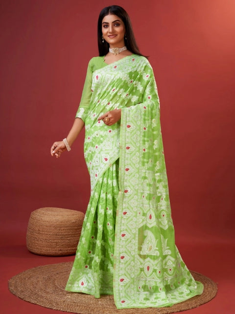 Women's Cotton Silk Printed Saree With Unstitched Blouse 5.5Mtr (Light Green)