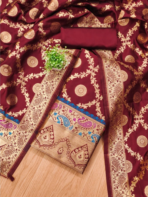 Generic Women's Banarasi Silk Printed Unstitched Salwar Suit Material With Dupatta (Maroon, 3Mtrs)
