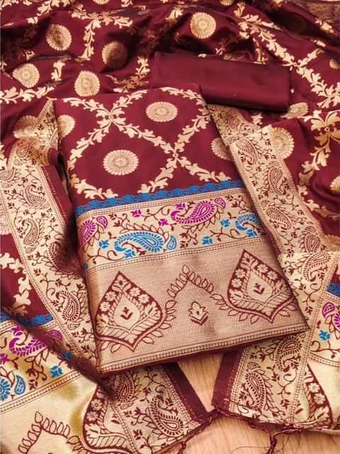 Generic Women's Banarasi Silk Printed Unstitched Salwar Suit Material With Dupatta (Maroon, 3Mtrs)