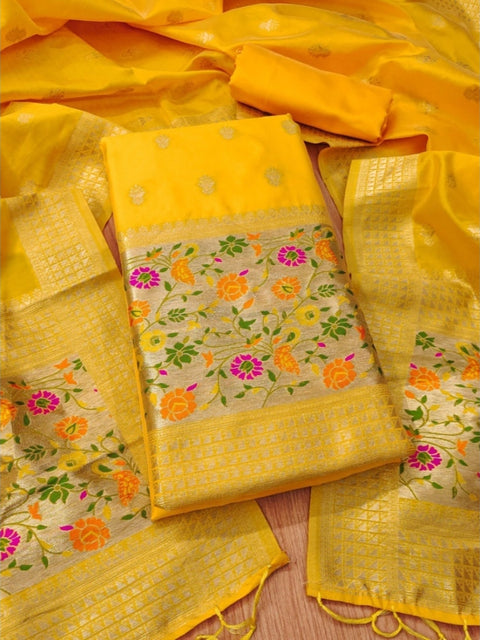 Generic Women's Banarasi Silk Printed Unstitched Salwar Suit Material With Dupatta (Yellow, 3Mtrs)